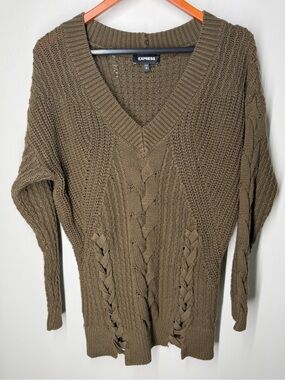 Express Olive Green Cable Knit Lace Up Sweater Oversized V Neck Boho Slouchy